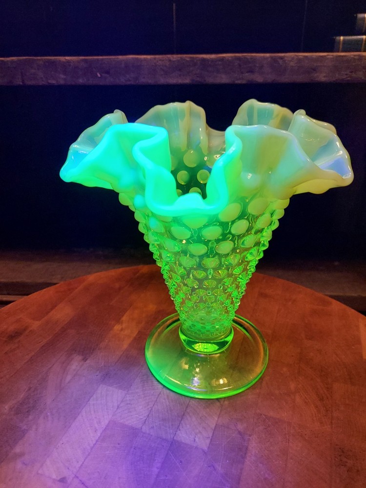 Fenton Hobnail Trumpet Vase Yellow Topaz Opalescent GLOWS