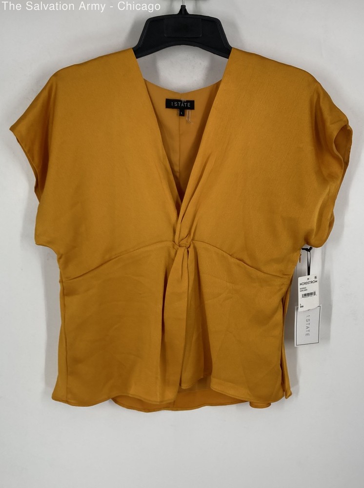 1.State Womens Gold Short Sleeve Twist Front V-Neck Blouse Top Size Large