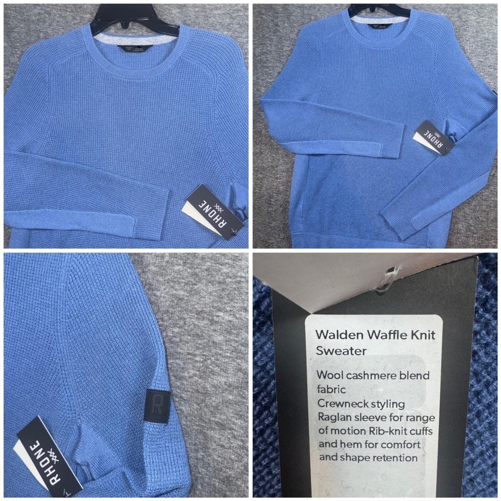 RHONE Mens Large Walden Waffle Knit Sweater Blue Horizon Wool Cashmere Blend NEW