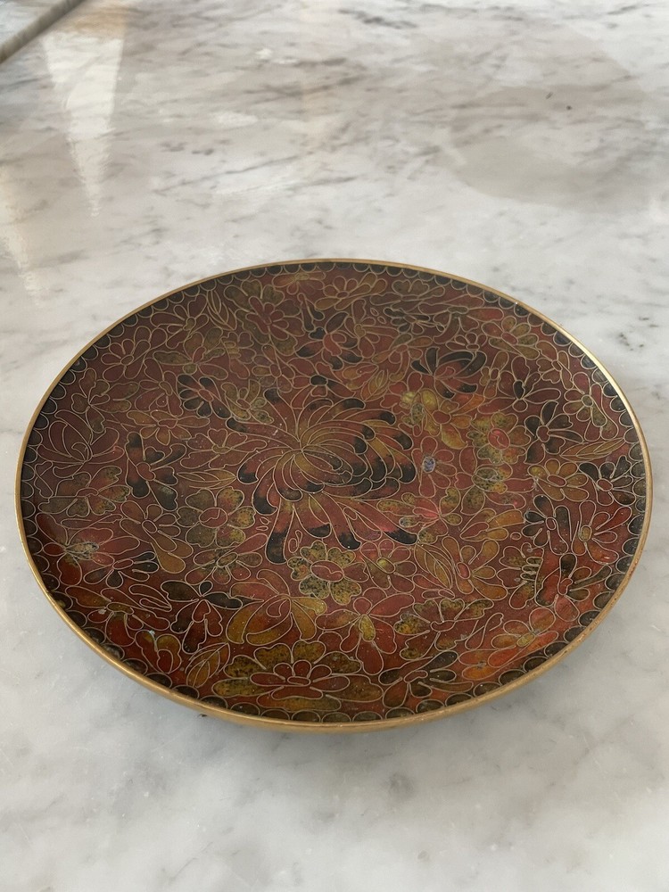 Vintage Floral Cloisonne Enamel on Copper Plate Browns Greens Republic of China