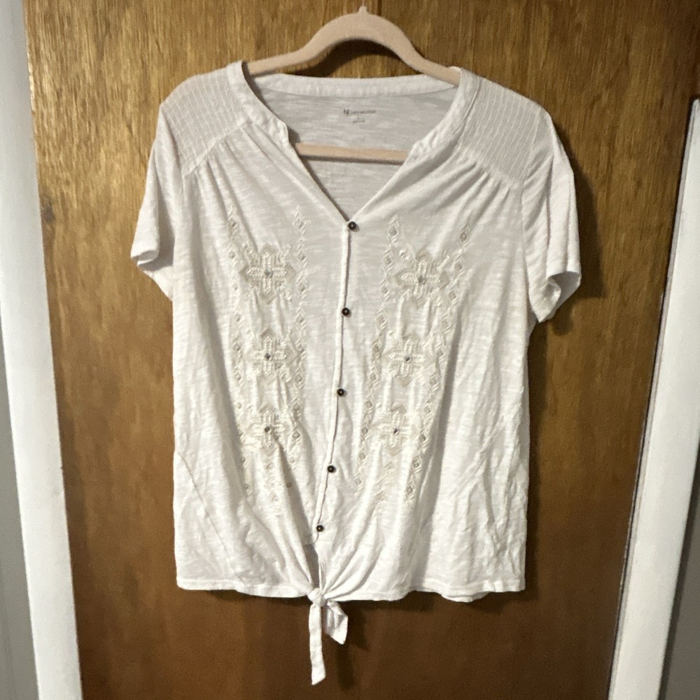 New Directions White Embroidered Button Front V-Neck Tie Hem Top Size L