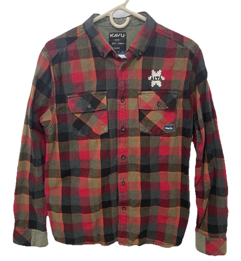 KAVU Alta Flannel Shirt Men M Red Black Plaid Cotton Button Down Outdoor