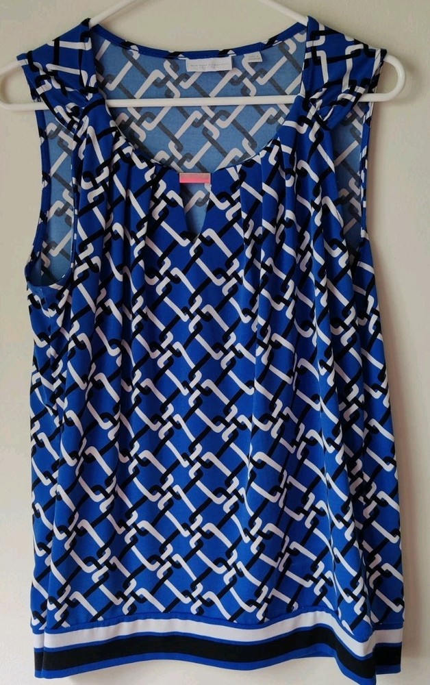 New York And Company Geometric Pattern Sleeveless Top Size Large Blue and Black