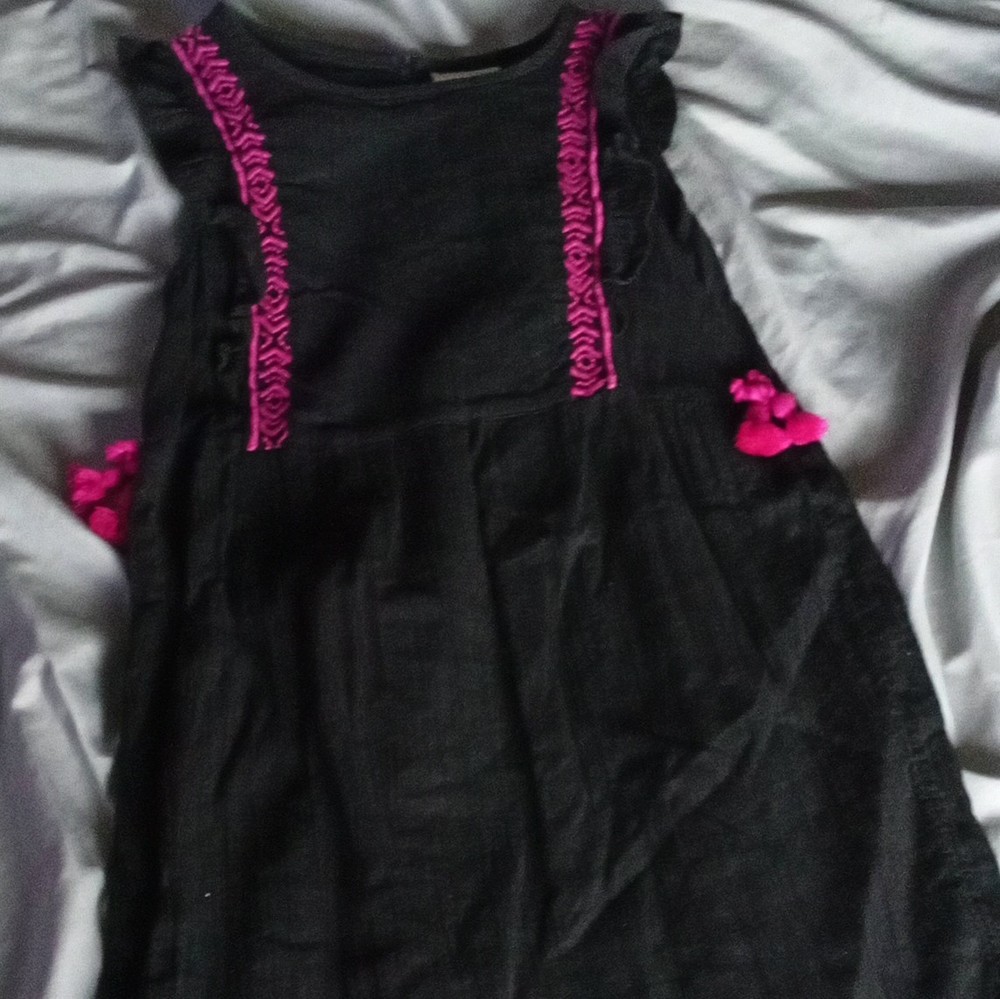 Okie Dokie Girls Black Pink A-Line Dress Sleeveless Embroidered Pom Pom Size 5T