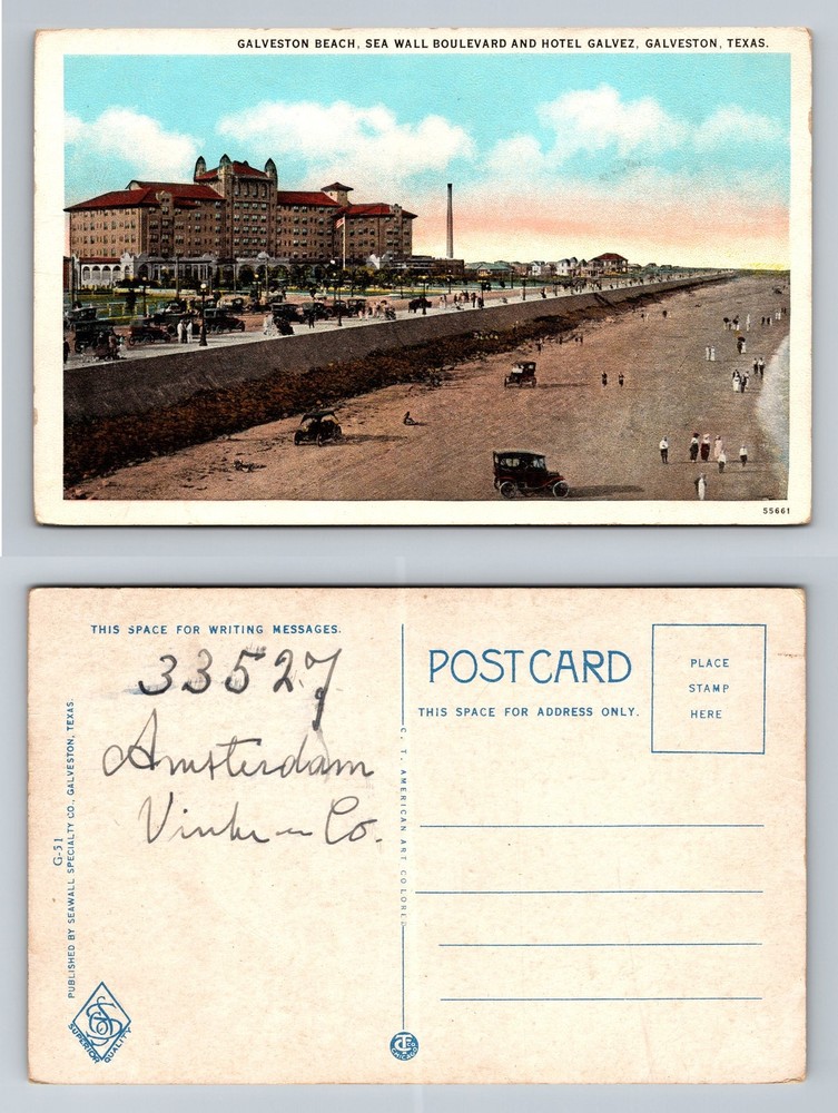 Galveston, TX-Texas, Beach Sea Wall Boulevard Hotel Galvez Vintage Postcard