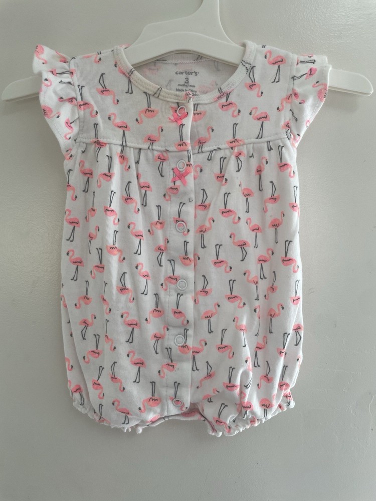 Carter's Baby Girls Pink Flamingos Flutter Cotton Short Sleeve Romper White 3M