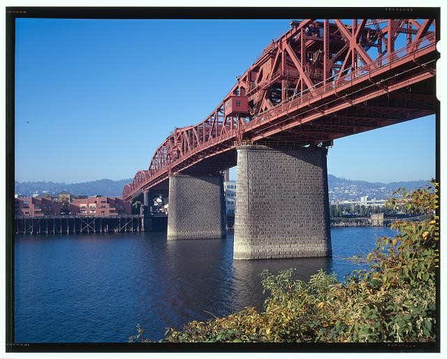 33. General view of bascule drawspans of the Broadway Bridge, looking northwest