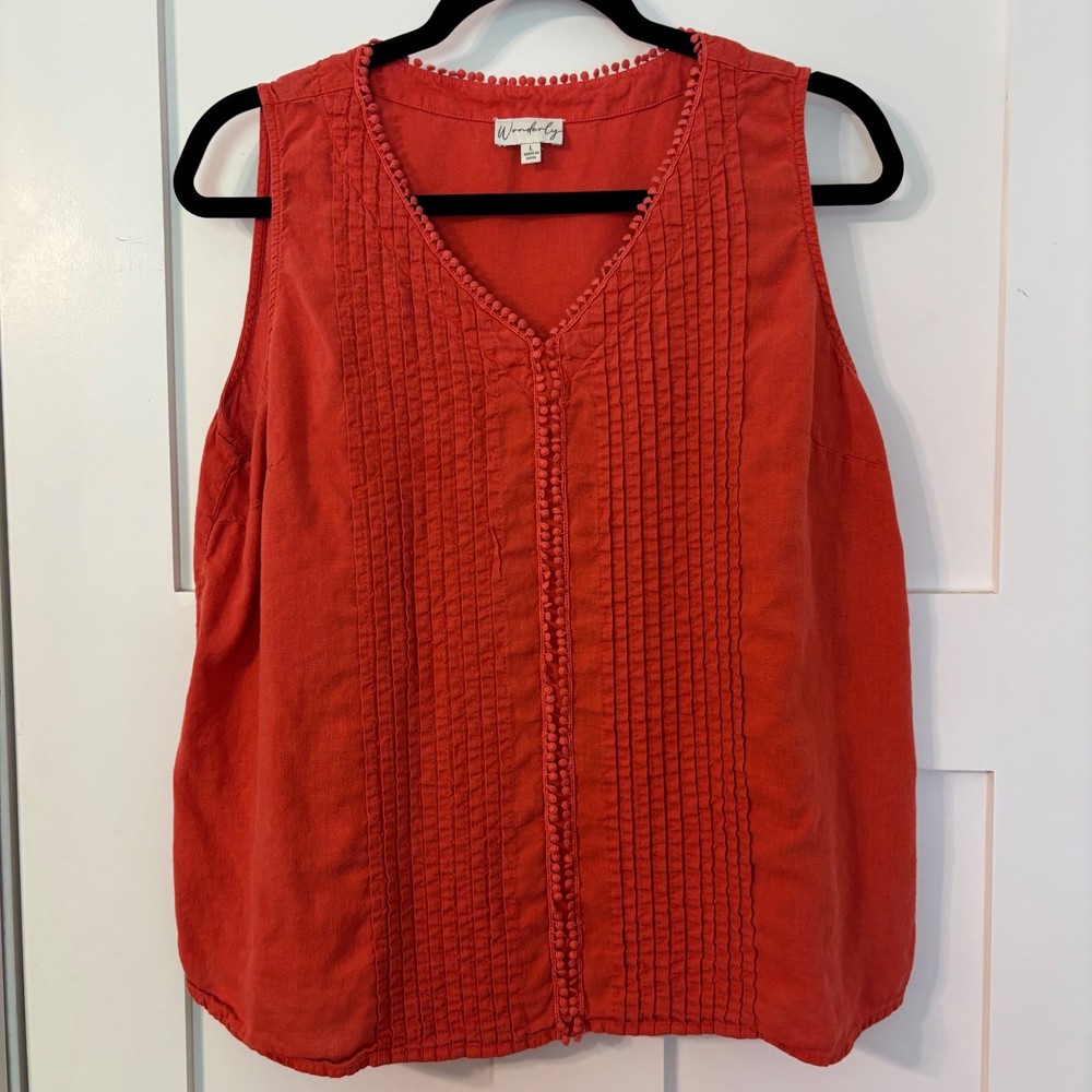 Orange Linen Blend Pin Tuck Pom Pom Trim Sleeveless V-Neck Top L Boho Coastal
