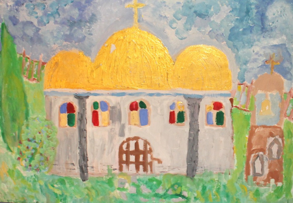Vintage expressionist gouache painting landscape church