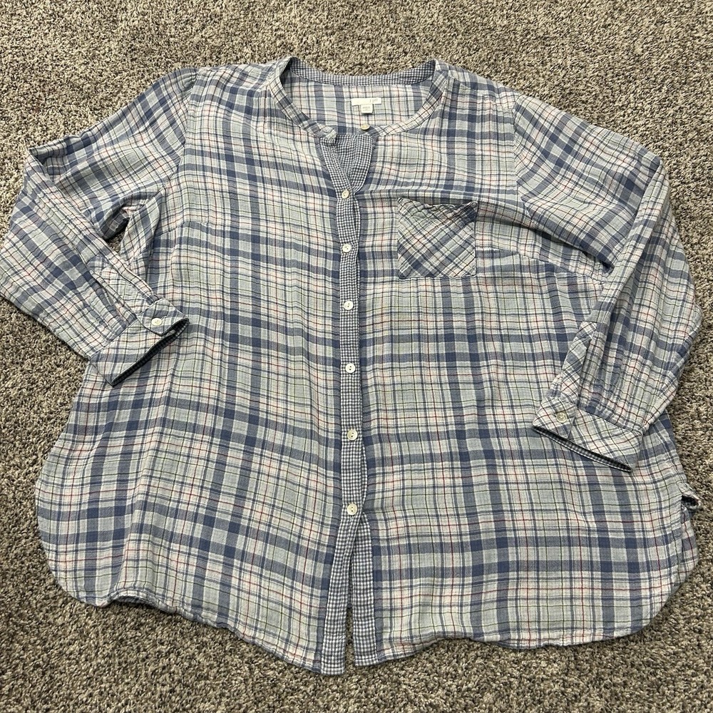 J Jill Shirt Womens 2X Blue Plaid Double Cloth Gauze Cottage Core Tunic Blouse