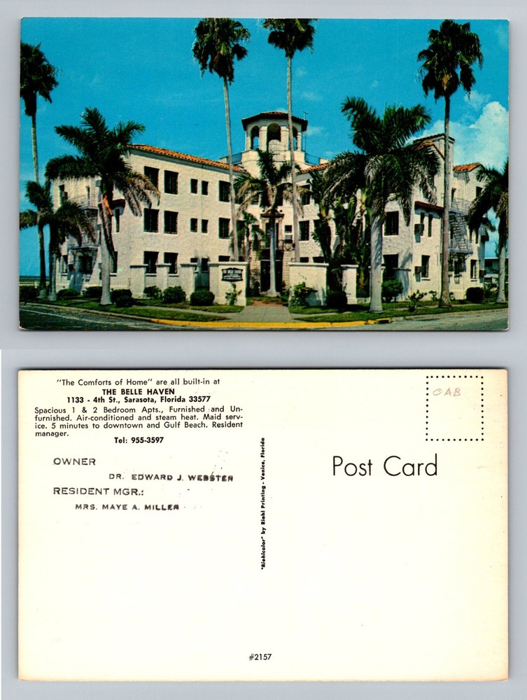 Sarasota, FL-Florida, The Belle Haven Apartments Palm Trees Vintage Postcard