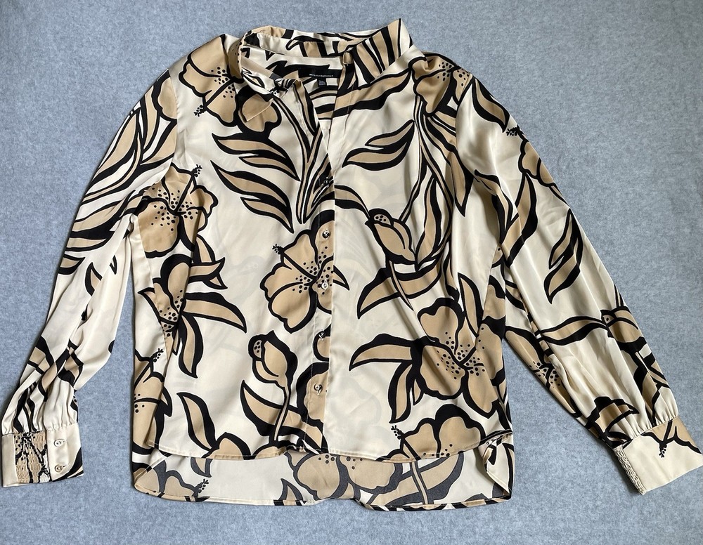 White House Black Market Women’s Blouse Sz XL Bold Floral Satin Button Front