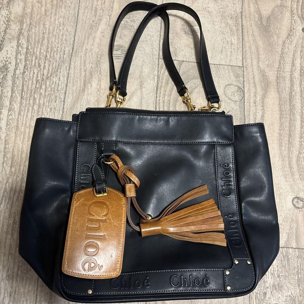 Chloé Eden Black Leather Tote Bag with Tassel Charm Authentic From Japan RIN
