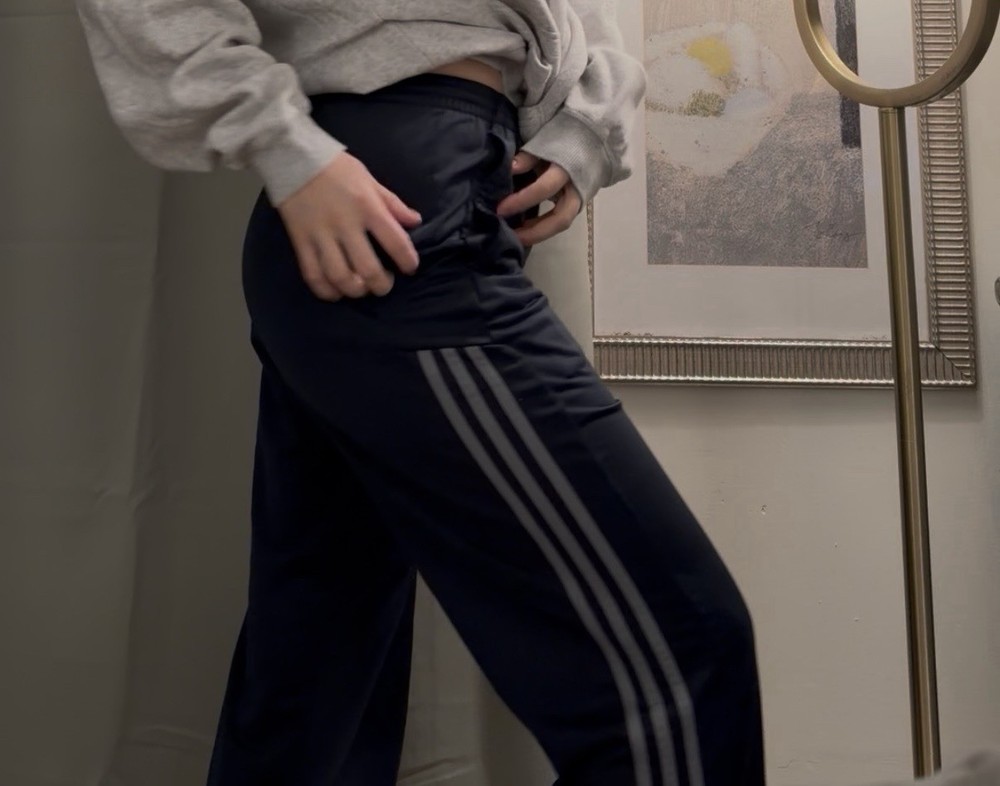 adidas Gray Stripes & Navy Track Pants Polyester Knit Drawstring Pockets