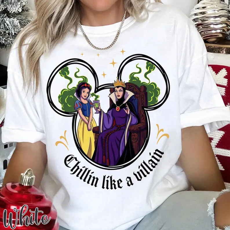 Disney Snow White Evil Queen Chillin Like A Villain White T-Shirt Size S-5XL