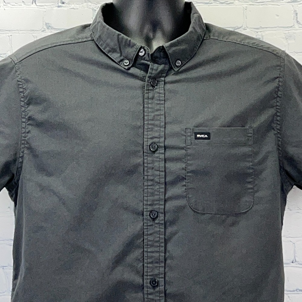 RVCA That'll Do Oxford Button Front Shirt Gray Slim Fit Short Sleeve L Large