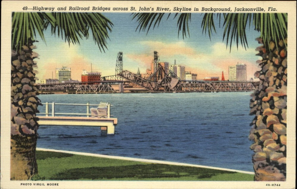 Railroad & Highway bridges St John's River ~ Jacksonville Florida skyline 1940s
