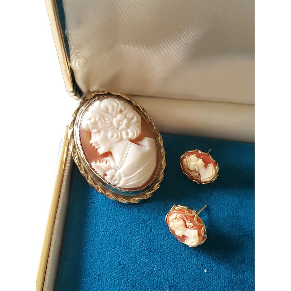 Vintage Gold-Fill Cameo Pendant Brooch and Earrings Jewelry Set  