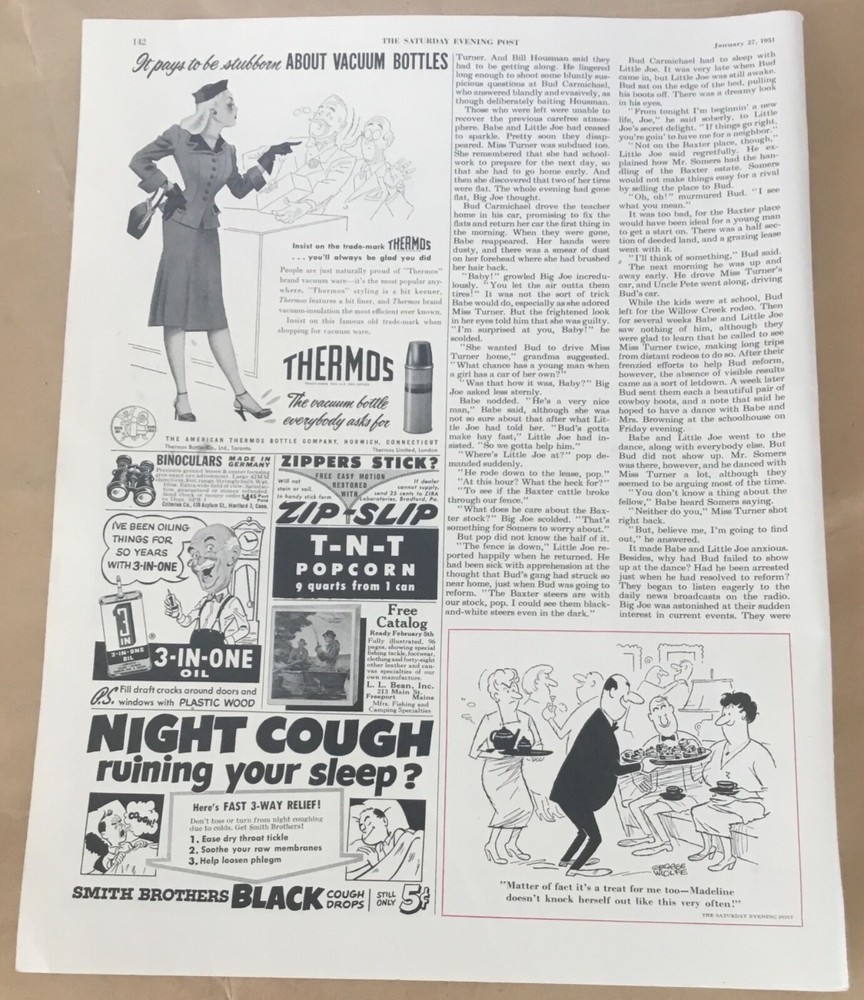 Thermos print ad 1951 vintage retro art 1950s illustrated woman in suit Stubborn