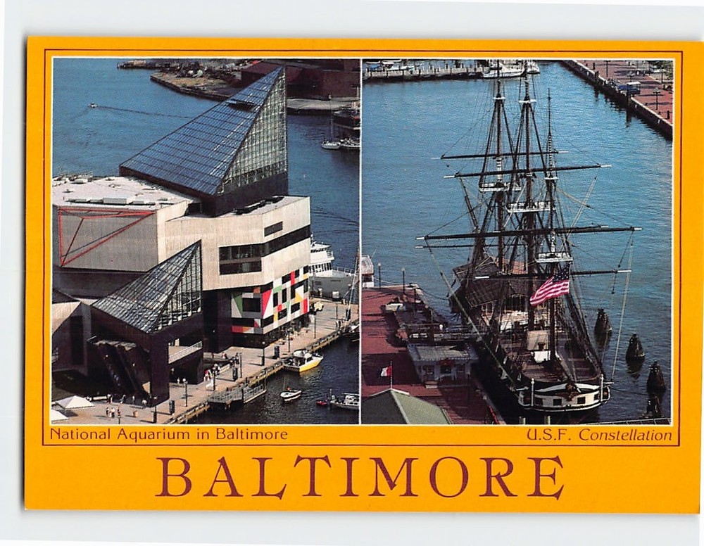 Postcard USS Constellation & National Aquarium Baltimore Maryland