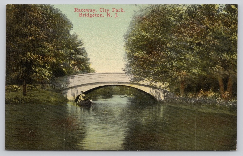 Bridgeton NJ Raceway City Park Bridge Boats Lithochrome Postcard c1910