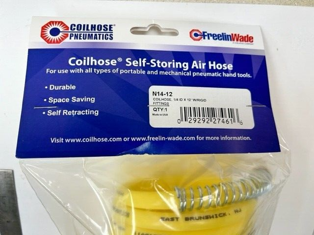 Coilhose Pneumatics N14-12 SELF-STORING AIR HOSE 1/4 ID 12' LONG RIGID FITTING