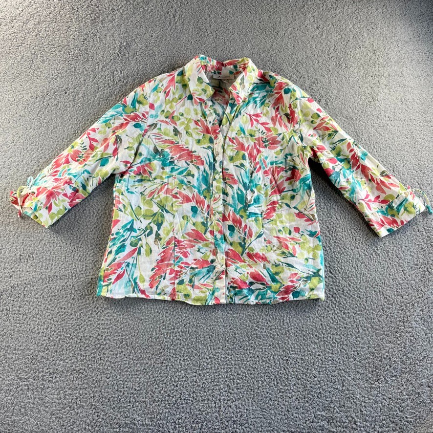 NEW JM Collection Blouse Womens 14 Pink Green Top Floral Linen Shirt 3/4 Sleeve