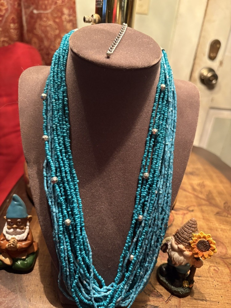 Vintage Multi Strand Glass Seed Bead Necklace Turquoise Blue Rope Collar 30