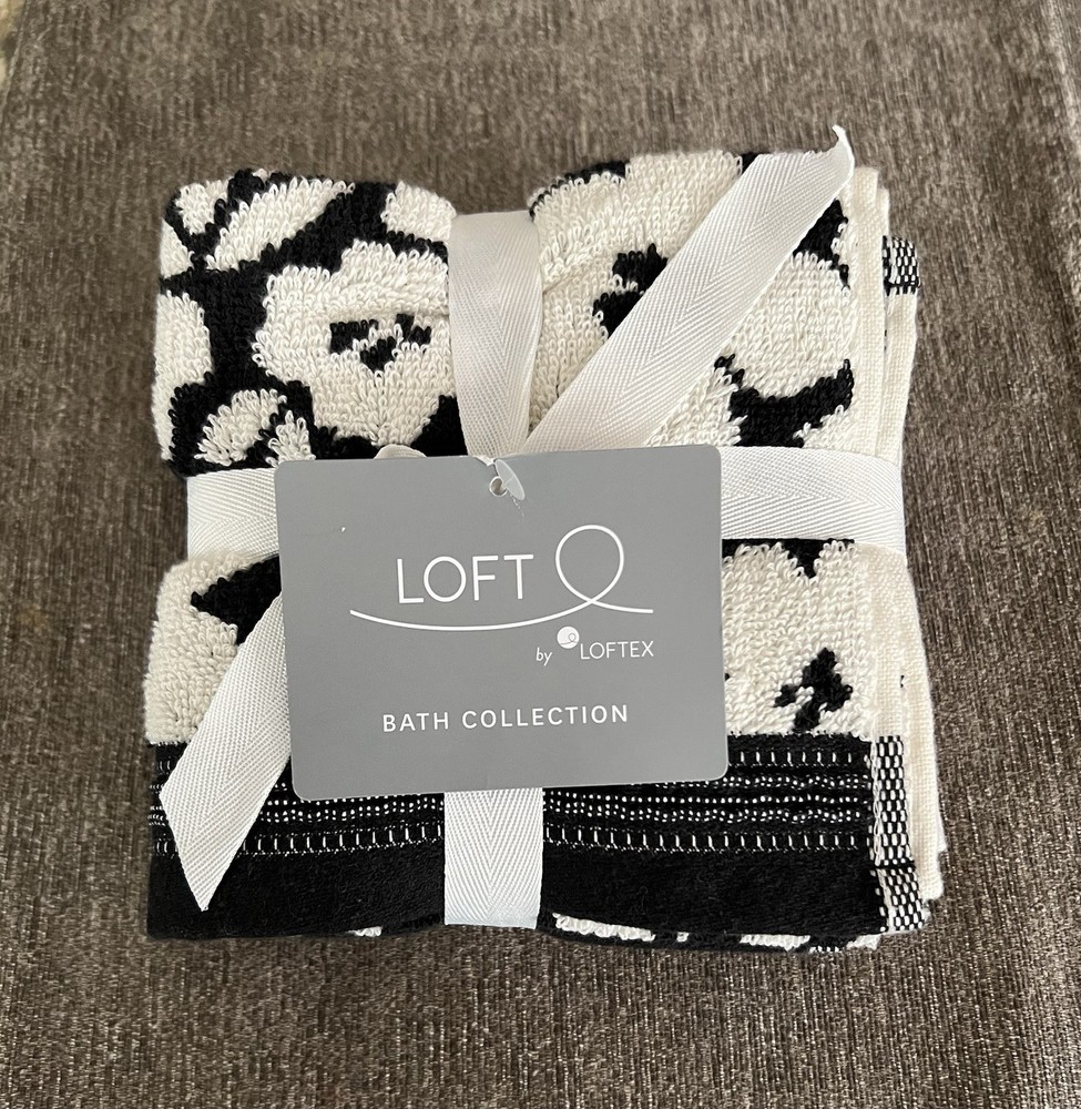 Loft by Loftex 1 Set Of 2 Hand Towels Floral Print Black Beige Off White New