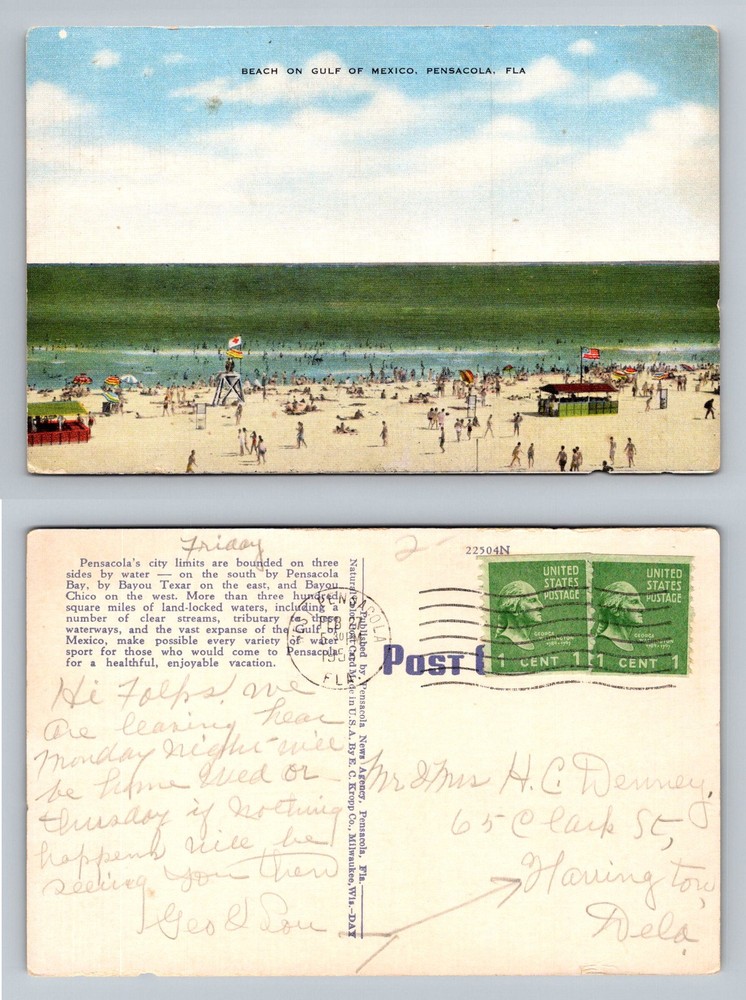 Pensacola, FL-Florida, Gulf of Mexico Beach And Bathers Vintage c1953 Postcard