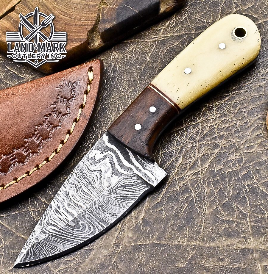 Damascus Steel Hunting Skinner Knife with Bone and Wood Handle