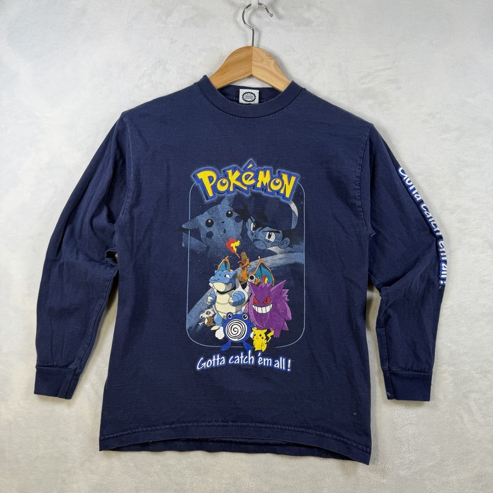 Vintage Pokemon T Shirt Youth Large Blue 90s Gotta Catch Em All Distressed