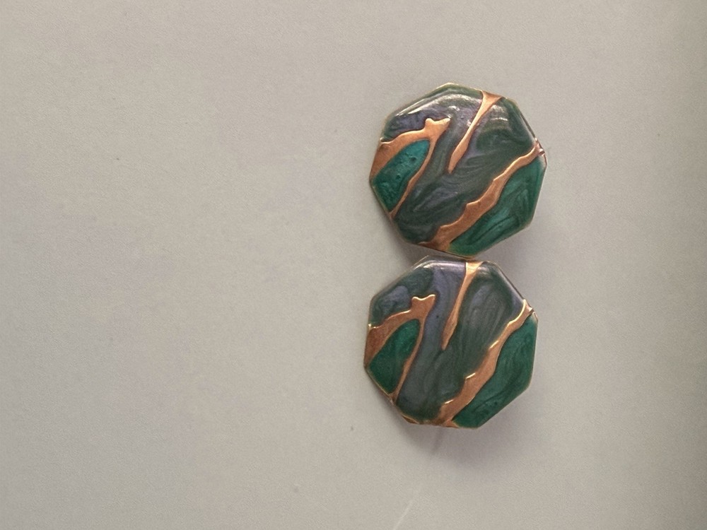 Vintage Green Marbled Enamel Gold Tone Octagon Stud Earrings Geometric Statement