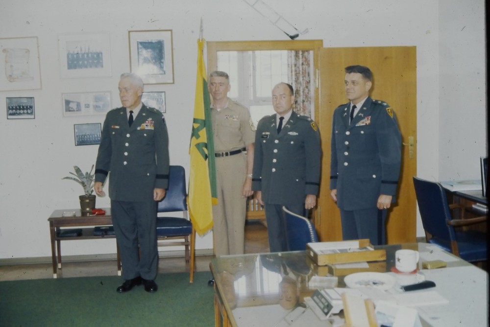 1960s Unknown 35mm Slide Four Military Officers Uniforms Office Flag