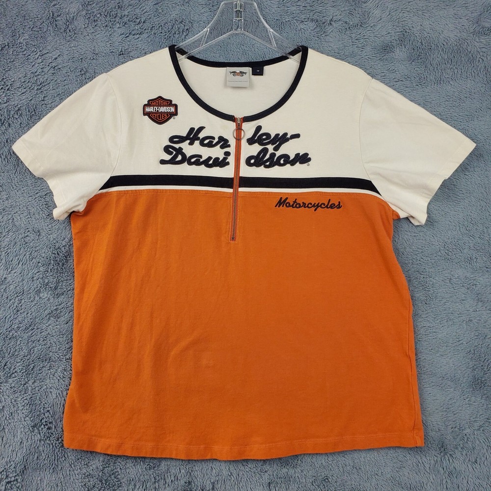 Harley Davidson Women’s Front Garage Shirt 1/4 Zip Orange Shirt Biker Size 1W