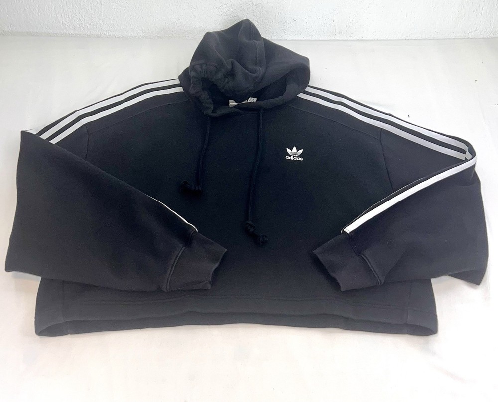 Adidas Originals Hoodie Womens Medium Black Pullover 3 Stripe Trefoil Cropped