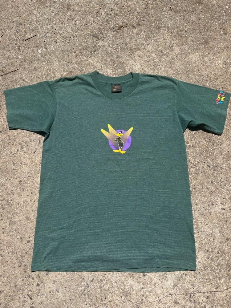 Vintage 90s Looney Tunes Parallel Green Daffy Duck Single Stitch Striped Shirt