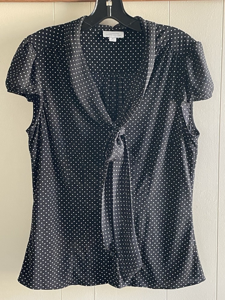 Tahari Black & White Polka Dot Short Sleeve Button Up Shirt with Bow Size M