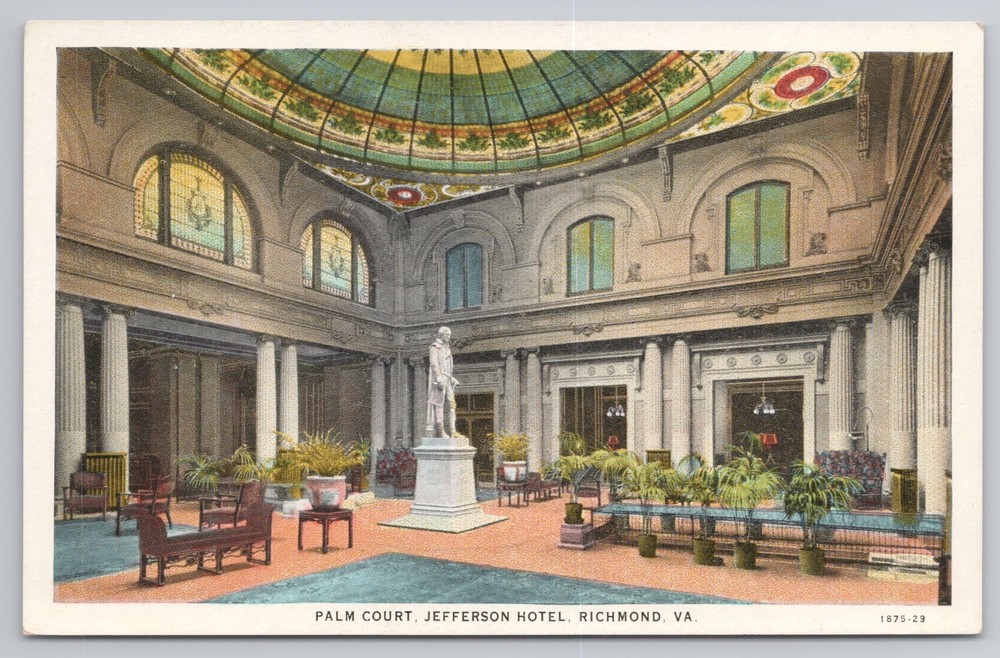Jefferson Hotel Palm Court Richmond Virginia VA Statue Palms Art Glass Postcard