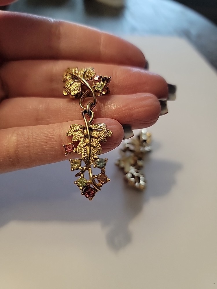 Vintage Coro Floral Rhinestone Clip-On Earrings Set Gold Tone