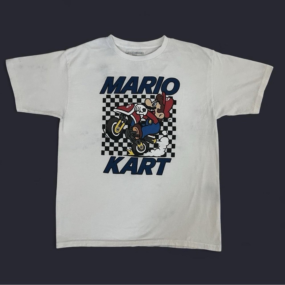 Kid’s XL Mario Kart graphic T-shirt in white featuring Mario Kart racing print.