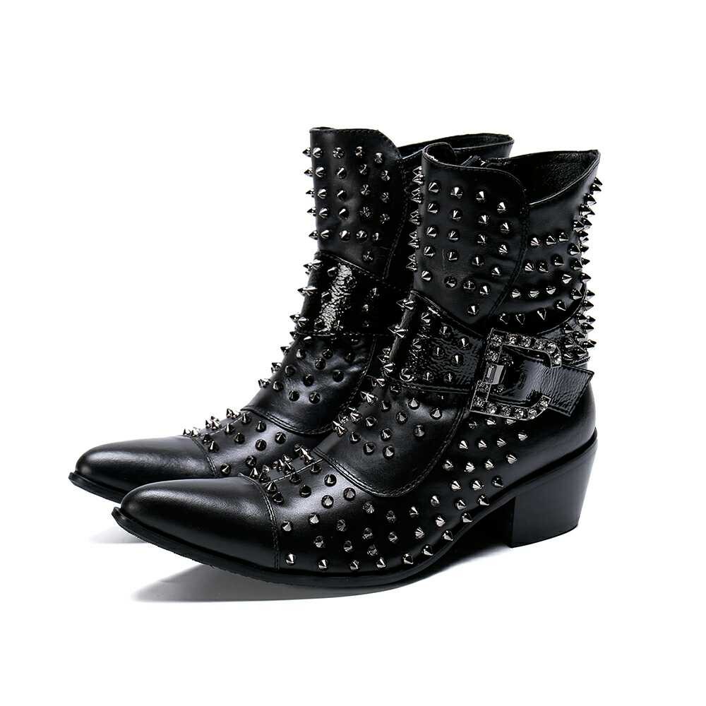 Rivet Men's Leather Ankle Boots Block Heel Shoes Pointed Toe Buckle Side Zip OL