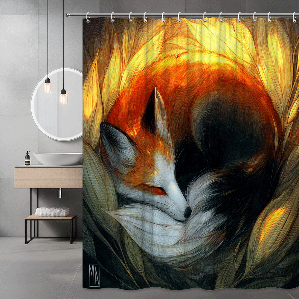 Fox Print Shower Curtain, Sleeping Fox Floral Art Bathroom Decor