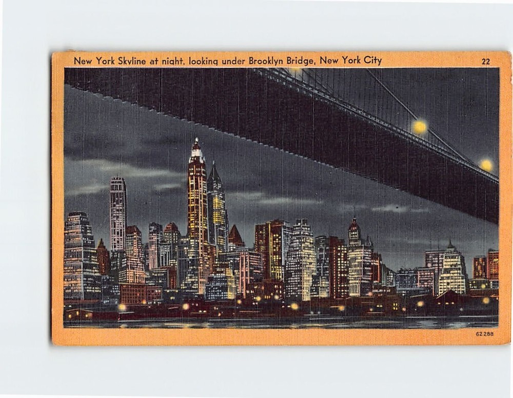 Postcard New York Skyline at Night Under Brooklyn Bridge New York City New York