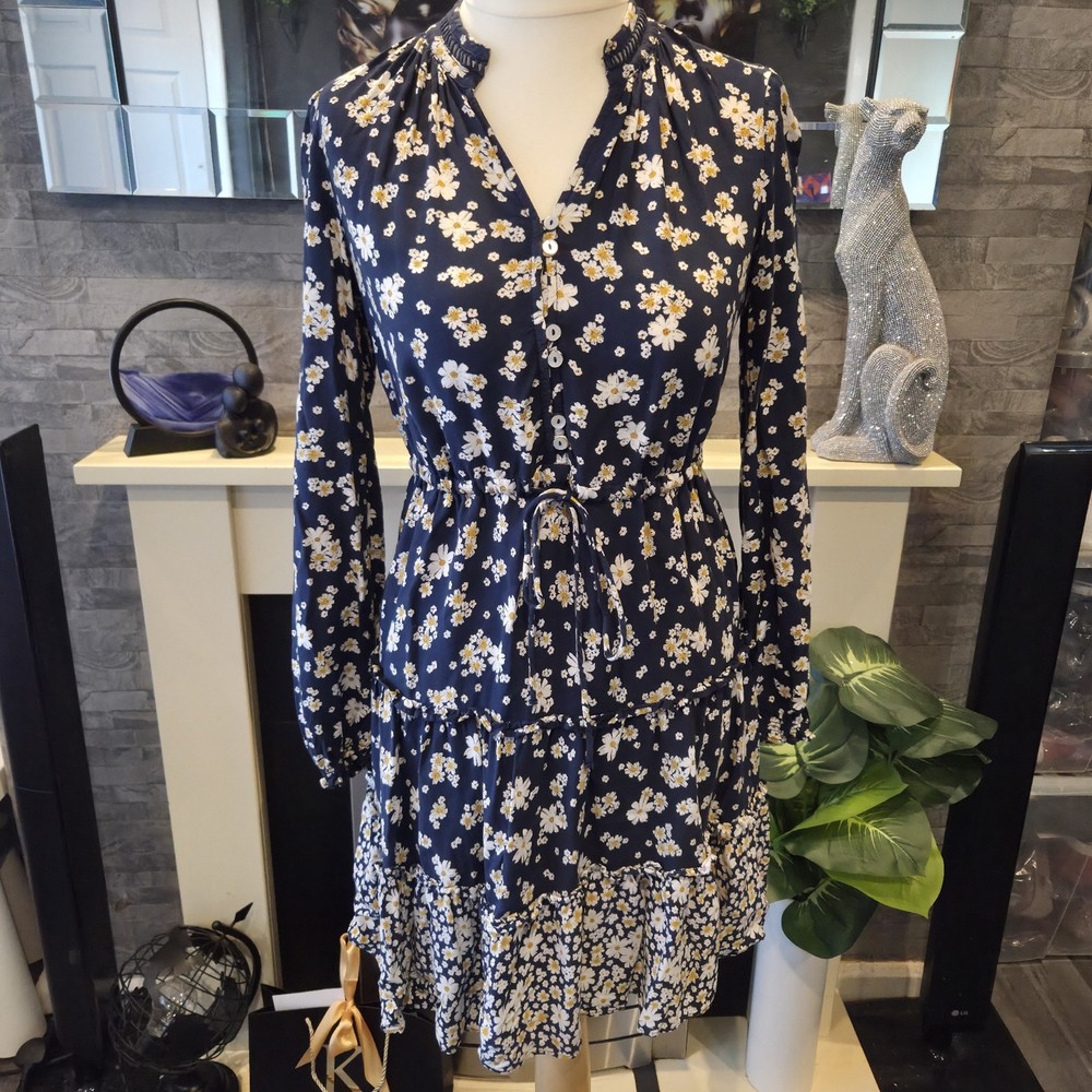 FatFace Navy Blue Floral Print Dress Size 8 Knee Length Long Sleeve (6)