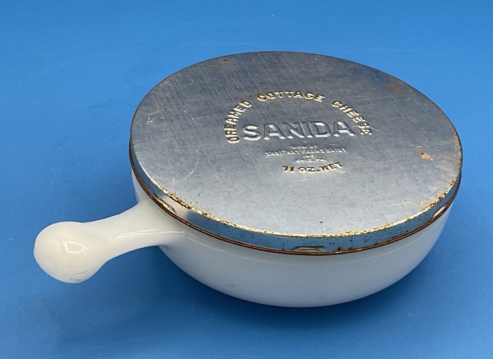 Vintage Glasbake USA #J314 Milkglass Bowl Lid with Tin Top for SANIDA Cottage Cheese Rare