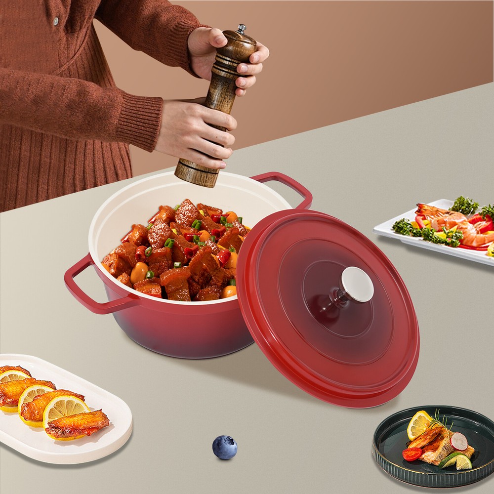 Red Ceramic Stew Pot with Lid for Braising and Roasting