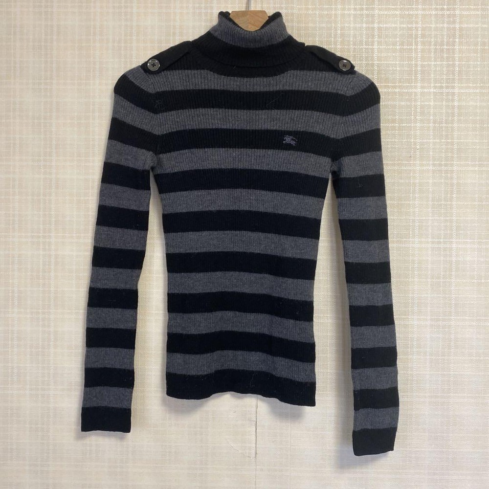 Burberry Blue Label Knit Turtleneck Sweater Black Gray Stripe M Wool 100%