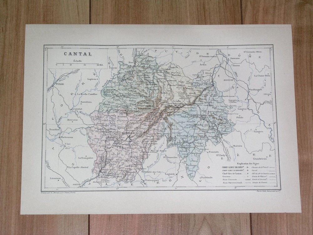1887 Original Antique Map Of Department Of Cantal Aurillac / France