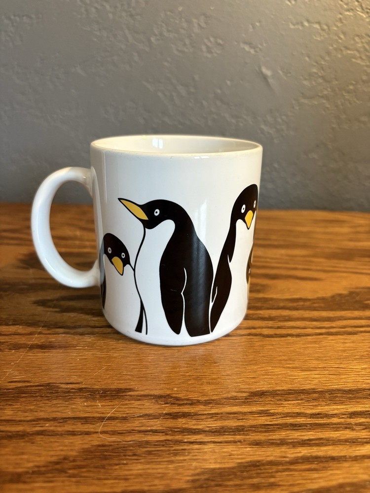 Rare Vintage Penguins Coffee Mug - Made In Japan - Cup White Black Yellow 12oz